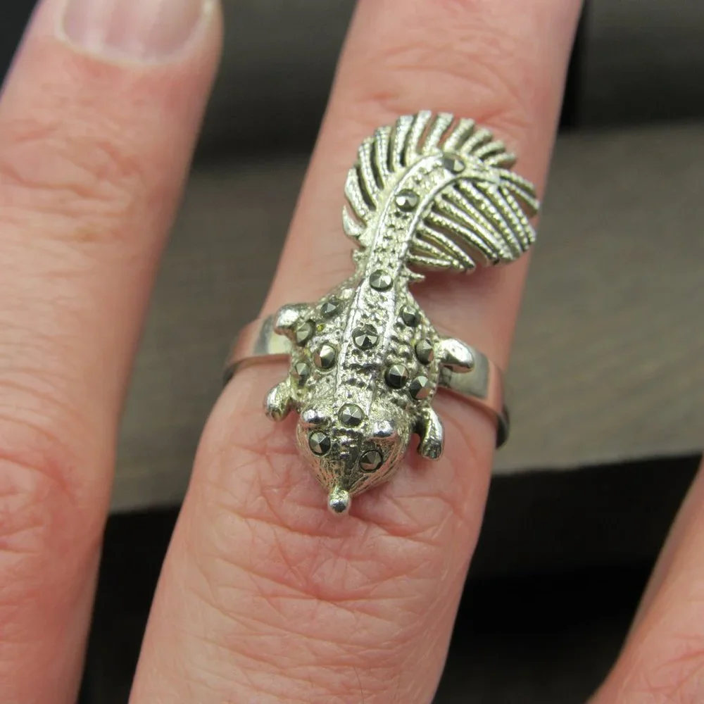 Size 7.5 Sterling Silver Marcasite Squirrel Band Ring - Picture 2 of 6